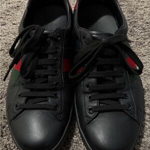 Gucci Black Leather Sneakers with Red and Green Web